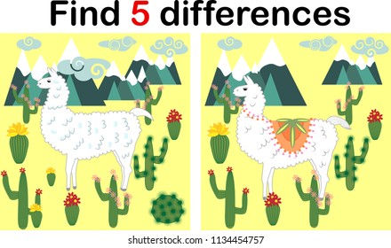 Find the differences between the pictures. Children's educational game. Sweet llama, alpaca among cacti and mountains