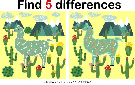 Find the differences between the pictures. Children's educational game. Sweet llama, alpaca among cacti and mountains