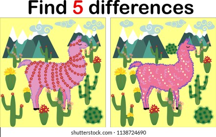 Find the differences between the pictures. Children's educational game. Sweet llama, alpaca among cacti and mountains