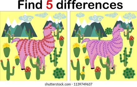 Find the differences between the pictures. Children's educational game. Sweet llama, alpaca among cacti and mountains