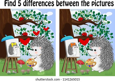 Find the differences between the pictures. Children's educational game. Hedgehog artist paints in the woods on the easel