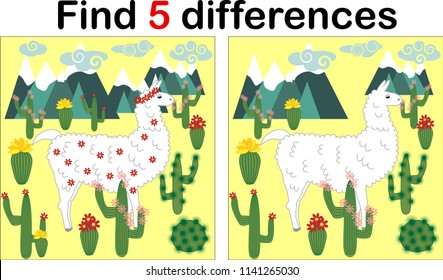Find the differences between the pictures. Children's educational game. Sweet llama, alpaca among cacti and mountains