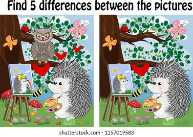 Find the differences between the pictures. Children's educational game. A hedgehog on a forest glade draws on an easel, owls sit on a tree branch and admire