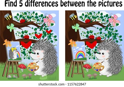 Find the differences between the pictures. Children's educational game. Hedgehog artist paints in the woods on the easel