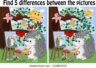 Find the differences between the pictures. Children's educational game. Hedgehog artist paints in the woods on the easel