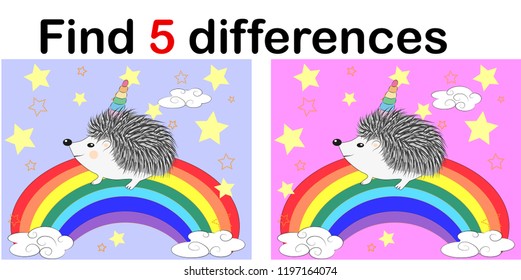 Find the differences between the pictures. Children's educational game. A hedgehog-unicorn with a rainbow