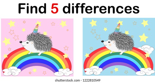 Find the differences between the pictures. Children's educational game. A hedgehog-unicorn with a rainbow