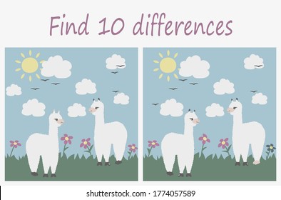 Find the differences between pictures educational task for children, cute funny cartoon alpacas in the field