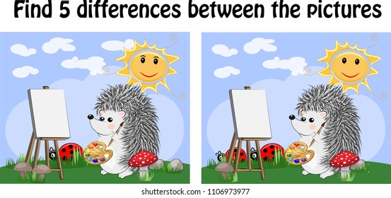 Find the differences between the pictures. A learning game for children. The hedgehog draws on an easel on a fairytale glade