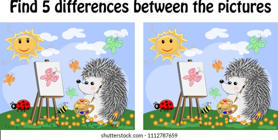 Find the differences between the pictures. A learning game for children. The hedgehog draws on an easel on a fairytale glade