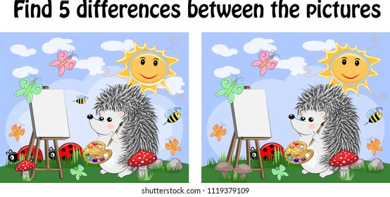 Find the differences between the pictures. A learning game for children. The hedgehog draws on an easel on a fairytale glade