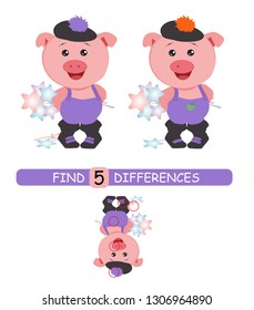 Find differences between pictures. Vector cartoon educational game. Cute pig in hat.