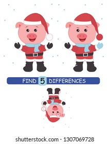 Find differences between pictures. Vector cartoon educational game. Cute pig in Santa hat.