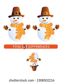 Find differences between pictures. Vector cartoon educational game. Cute snowman in a scarf.