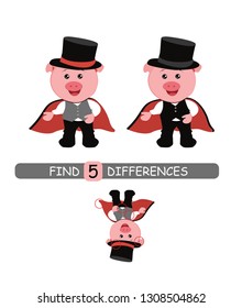Find differences between pictures. Vector cartoon educational game. Cute pig in black hat.
