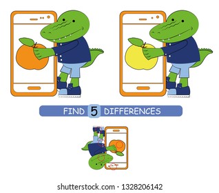 Find differences between pictures. Vector cartoon educational game. Cute alligator.