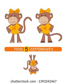 Find differences between pictures. Vector cartoon educational game. Cute monkey.