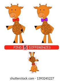 Find differences between pictures. Vector cartoon educational game. Cute giraffe.