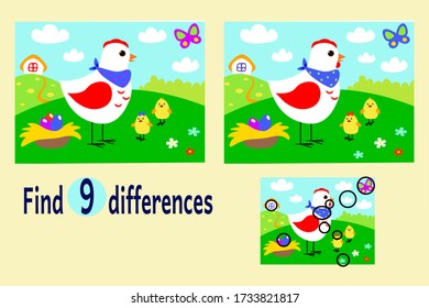 Find differences between two images. Educational game for children. Cartoon image illustraton. Cute funny animals and nature. Mother hen with her chicks on the field.