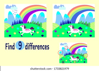 Find differences between two images. Educational game for children. Cute funny horse with mountain landscape and a rainbow on the background. Cartoon image illustraton.  