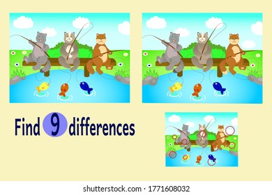 Find differences between two images. Educational game for children. Cartoon image illustraton. Cute funny fishing cats and nature