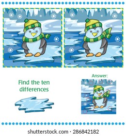 Find differences between the two images - penguin on ice background - Vector illustration