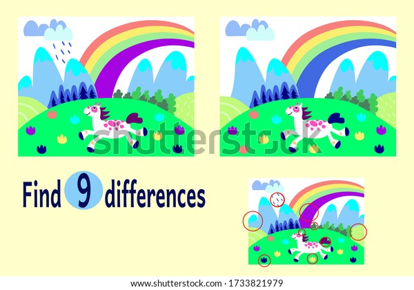 find-differences-between-two-images-educational-game-for-children-cute-funny-horse-with