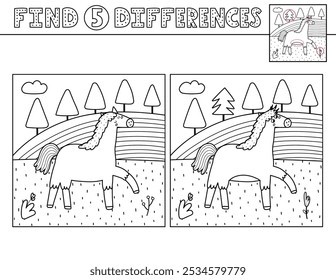 Find differences black and white activity page for kids with a cute horse. Puzzle game in outline with a farm character for developing attention and concentration skills. Vector illustration