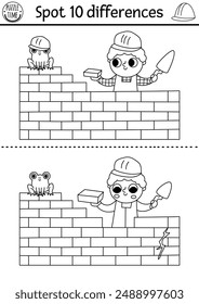 Encuentra las diferencias en blanco y negro juego. Actividad educativa en obra con muro de ladrillo para la construcción. Lindo rompecabezas para los niños con el trabajador divertido. Hoja de cálculo imprimible, página para colorear
