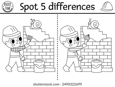 Find differences black and white game for children. Construction site educational activity with boy painting brick wall. Cute puzzle for kids with worker. Printable worksheet, coloring page
