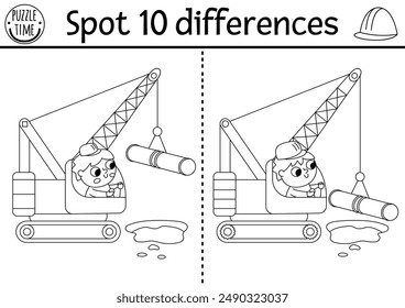 Find differences black and white game for children. Construction site educational activity with boy driver in crane lifting pipe. Cute puzzle for kids with worker. Printable worksheet, coloring page
