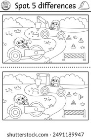 Find differences black and white game. Educational activity with workers repairing road. Puzzle for kids with builders. Printable worksheet, coloring page with construction site scene
