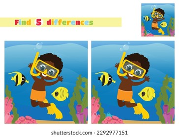 Find the differences. Boy aquadiver in underwater world near corals and algae with fishes in cartoon style. An educational game for children in elementary school or kindergarten.