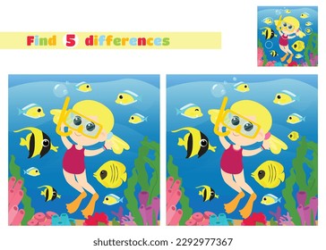 Find the differences. Boy aquadiver in underwater world near corals and algae with fishes in cartoon style. An educational game for children in elementary school or kindergarten.