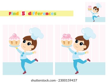 Find the differences. A boy carries a decorated cupcake on a tray. The boy is dressed in a chef's hat. An educational game for children in elementary school or kindergarten.
