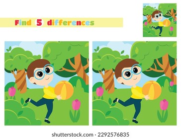 Finden Sie die Unterschiede. Ein Junge läuft mit einem Ball in einem grünen Park im Cartoon-Stil. Ein pädagogisches Spiel für Kinder in der Grundschule oder im Kindergarten.