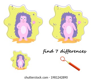 find the differences, a cartoon hedgehog with a magic wand. vector isolated on a white background