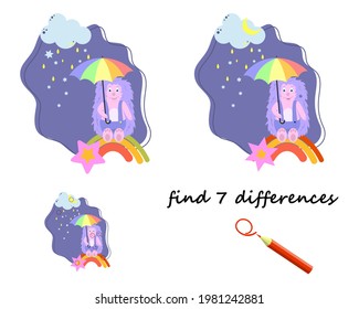 find the differences, cartoon hedgehog with an umbrella. vector isolated on a white background