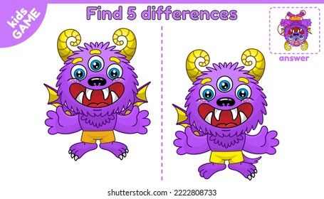 Find the differences. Childish educational puzzle with the answer. Cartoon cheerful monster. Vector illustration.