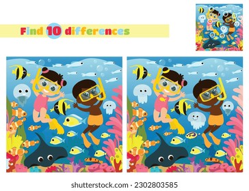 Find the differences. Children aqua divers boy and girl swim with fish. Underwater marine or oceanic world with a coral reef. An educational game for children in elementary school or kindergarten.