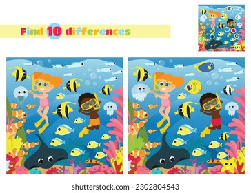 Find the differences. Children aqua divers swim with fish. Underwater marine or oceanic world with a coral reef. An educational game for children in elementary school or kindergarten.