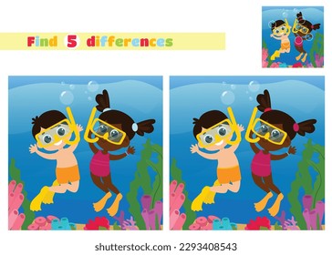 Find the differences. Children girl and boy aqua divers. Underwater world of corals and algae with fishes in cartoon style. An educational game for children in elementary school or kindergarten.