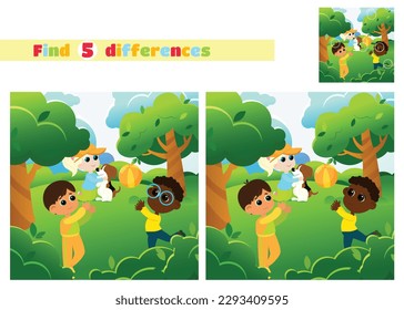 Find the differences. Children are playing in the park. The boys throw the ball and the girl plays with the dog in a cartoon style. An educational game for  elementary school or kindergarten.