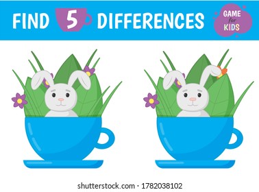 Find the differences. Children's game of mindfulness. Cute rabbit in a cup with leaves and flowers. Vector illustration.