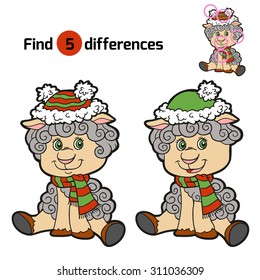 Find differences: Christmas winter sheep. Game for children