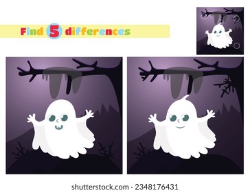 Find the differences. A cute ghost on the background of a mystical forest, branches and cobwebs at night in a cartoon style. Halloween scene.