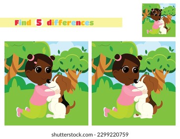 Find the differences. A cute girl and a dog play in nature near trees and bushes. An educational game for children in elementary school or kindergarten.