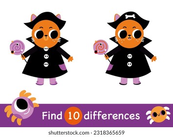Find differences cute scary spooky halloween cat kitty characters with lollipop candy educational puzzle game made printable preschool kid worksheet study childish maze page
