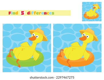 Encuentra las diferencias. Un pato en un sombrero flota sobre un círculo inflable en el agua en un estilo de caricatura. Un juego educativo para los niños de la escuela primaria o del jardín de infancia.