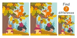 Find Differences, Education Game For Children. Cute Cartoon Squirrel On Oak Tree With Acorns.  Autumn Forest With Animals, Squirrel And Hedgehog, Mushrooms, Acorns Flat Vector Illustration.